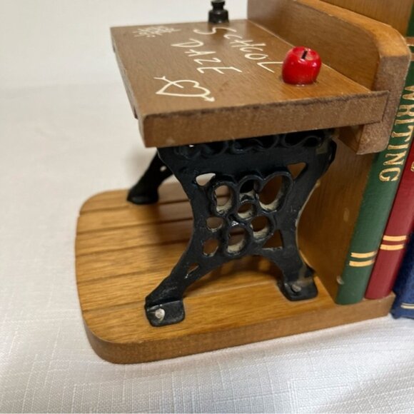 Vintage School Daze Enesco Cast Iron Wood BOOK ENDS Vintage 1970s Pair Teacher - Picture 3 of 10